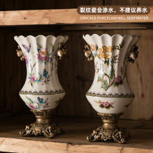 包邮美式复古冰裂纹陶瓷花瓶创意家居摆件装饰品欧式双耳高足花瓶