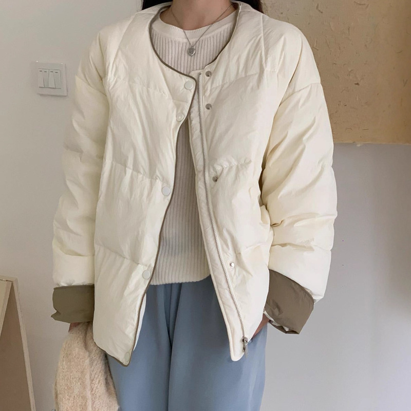 羽绒服女2025冬季韩版撞色圆领小个子面包服简约宽松短款保暖外套|undefined