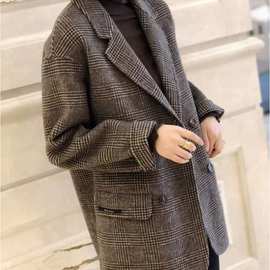 2023秋冬新款大衣女小个子英伦格子西装薄毛呢休闲外套