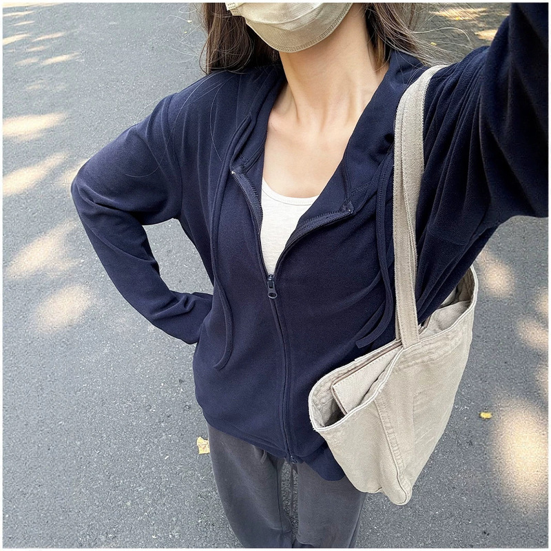 2026 Women's Loose-Fitting Drop-Shoulder Zip-Up Cardigan, Soft and Skin-Friendly Casual Outerwear, Solid Color Hooded Korean/Japanese Style Thin Jacket