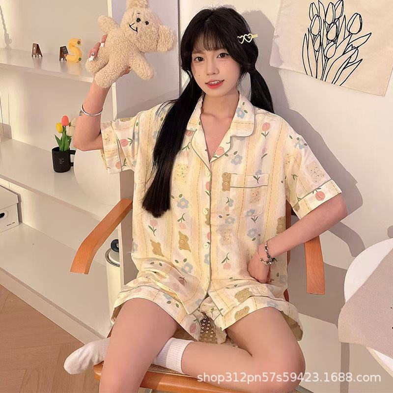 云朵棉短袖睡衣女夏季简约桃心印花夏天可外穿家居服套装跨境批发|undefined