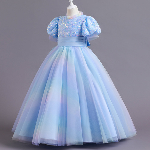 GIRL'S COURT STYLE DRESS WITH BUBBLE SLEEVES, SPARKLING CHOCOLATE NET, Puffy Princess Dress, Long Train, Gradient Evening Gown, Flower Girl Dress