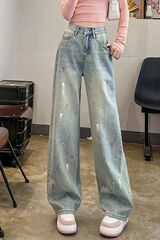 重工炫彩工艺阔腿牛仔裤女春秋薄款设计感油彩泼墨高腰垂感直筒裤