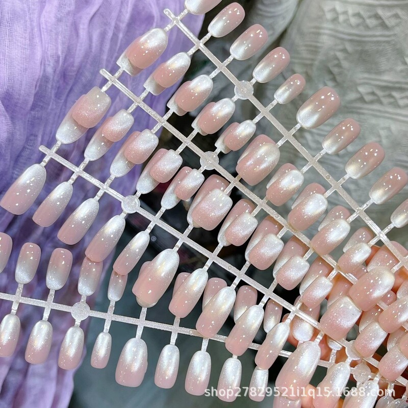 Nude Color Gradient White Boiling Water Cat Eye Style Finished Nail Art Oval Pure Handmade Wearable Nails
