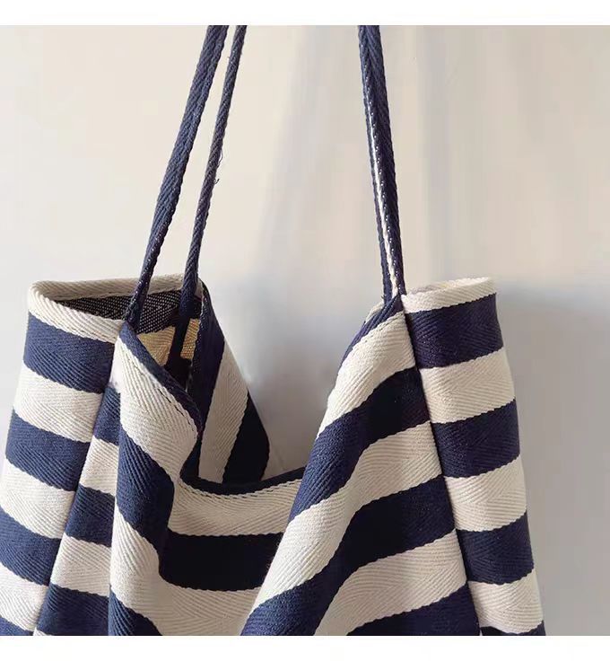 Contrast Stripe Canvas Tote Bag, Large Capacity Shoulder Bag_voghion.com