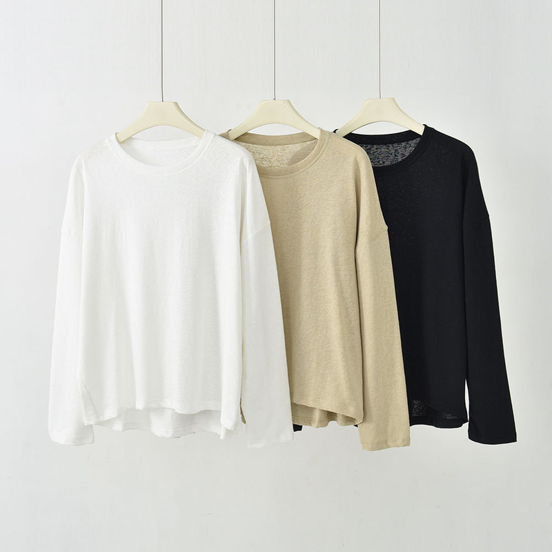 Raindrop Linen Spring and Summer New Long-Sleeve T-Shirt for Women, Round Neck, Loose Fit, Versatile Cotton-Linen Top, French Simple and Relaxed Style Raindrop Linen Spring and Summer New Long-Sleeve T-Shirt for Women, Round Neck, Loose Fit, Versatile Cotton-Linen Top, French Simple and Relaxed Style