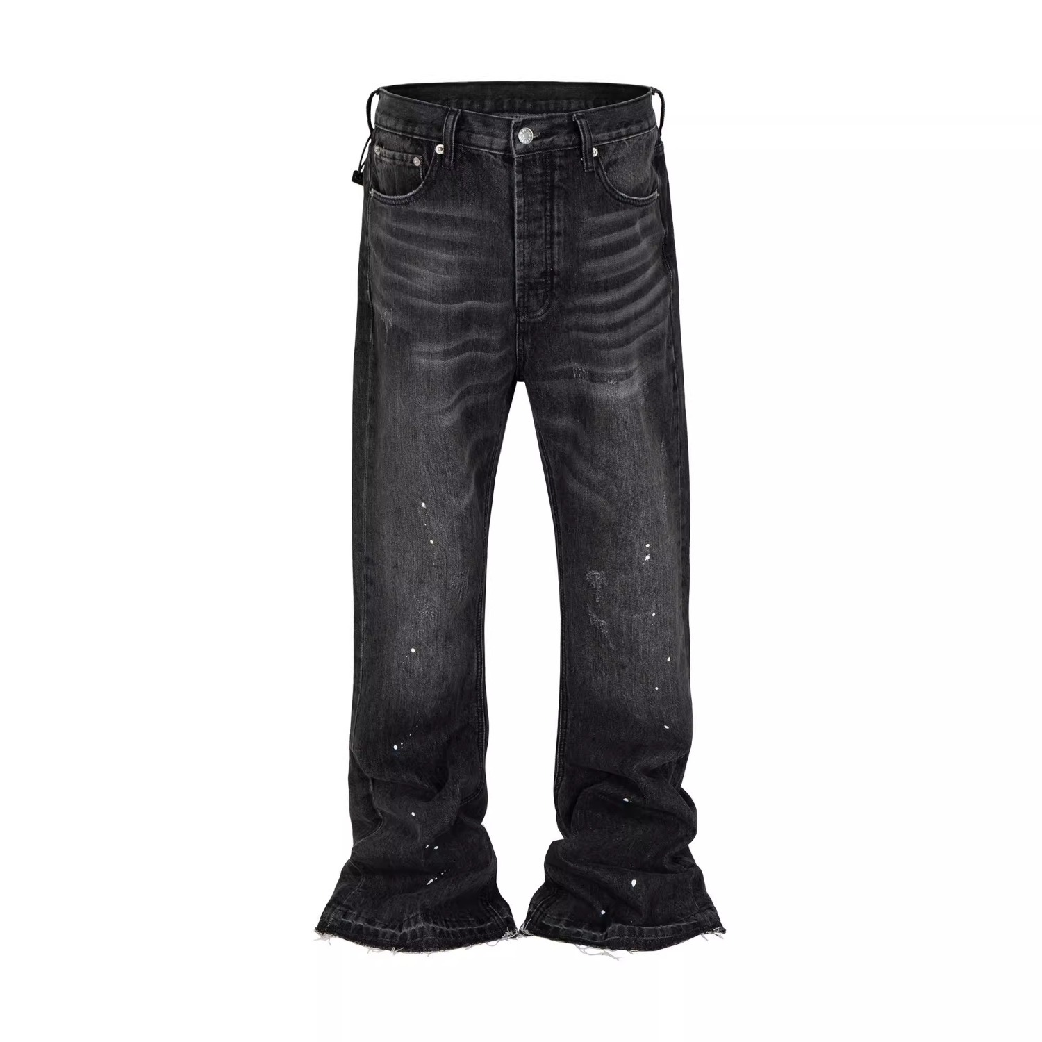 JDKZ Men's Retro Paris Style Ink Splashed Jeans High Street Trendy Brand Straight Leg Slightly Flared Raw Edge Trousers_voghion.com