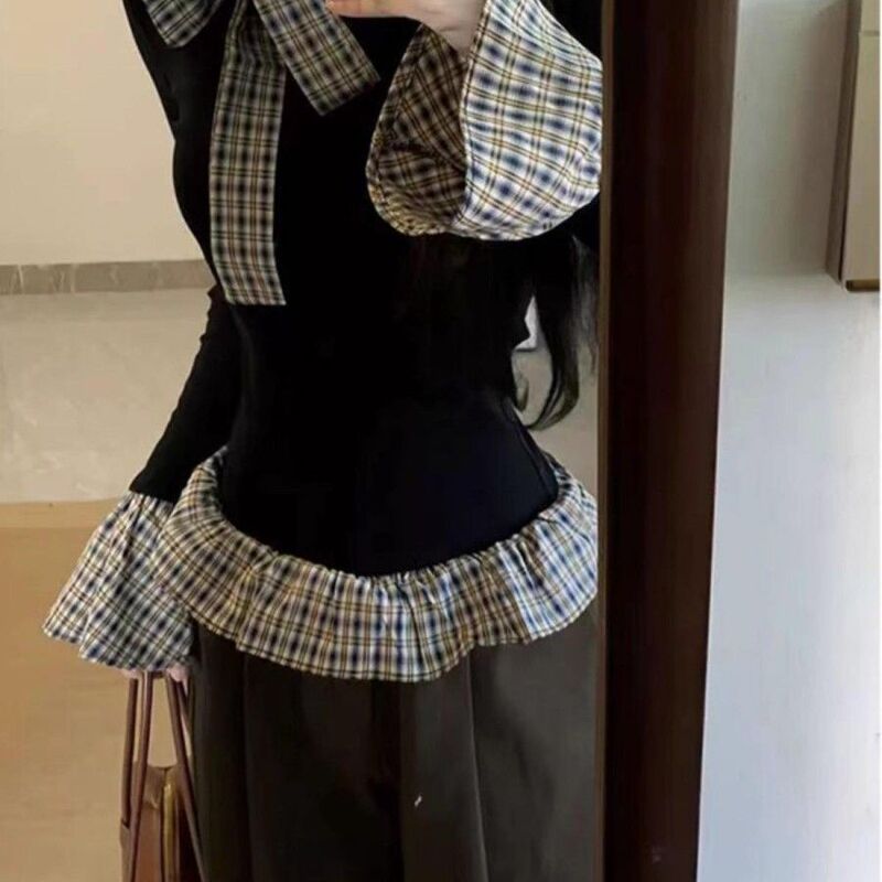韩系chic假两件长袖t恤女春秋新款格纹拼接修身内搭打底衫上衣潮|undefined
