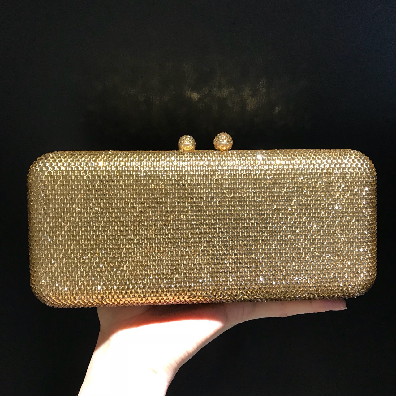 Túi clutch nữ đính đá lấp lánh phong cách Âu Mỹ, dáng vuông ngang nhỏ gọn — Màu nâu chi tiết 2