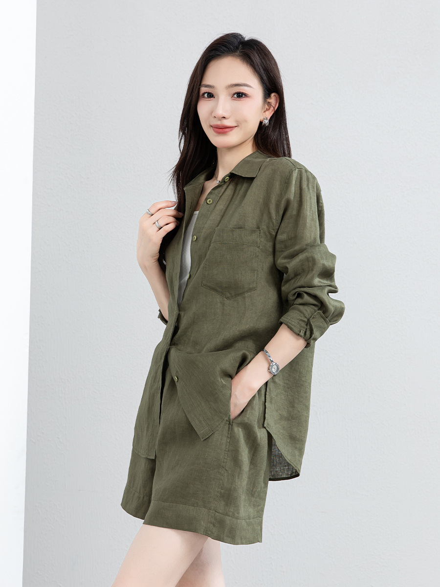 Bộ đồ linen nữ mùa hè áo sơ mi phối quần short dáng rộng — Quần short - 86185 ngày xanh