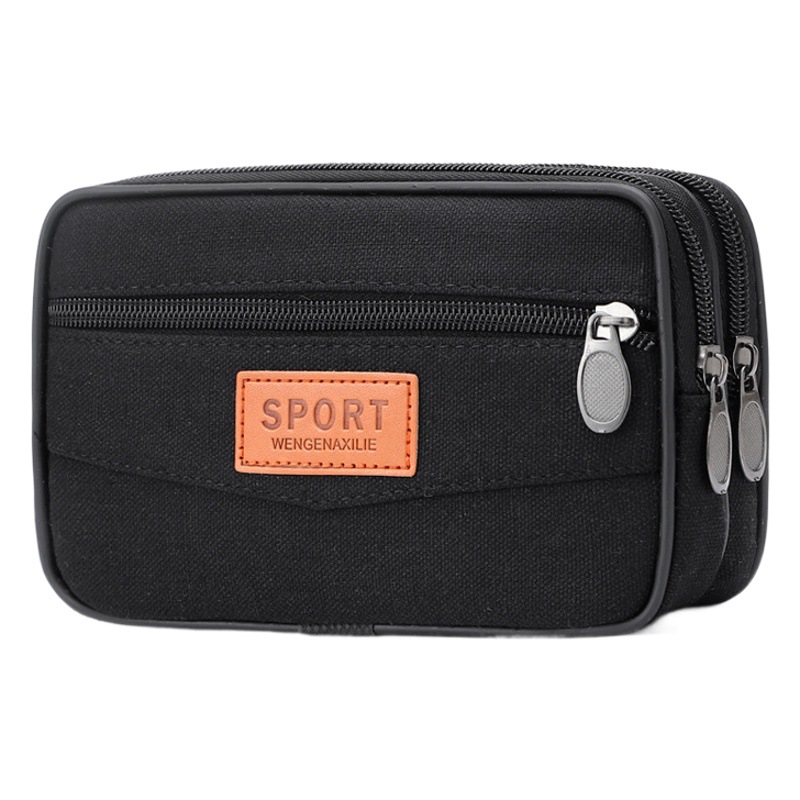 New Men's Canvas Mobile Phone Bag Wear Belt Site Waist Bag Three-Layer Zipper Waterproof Mobile Phone Bag