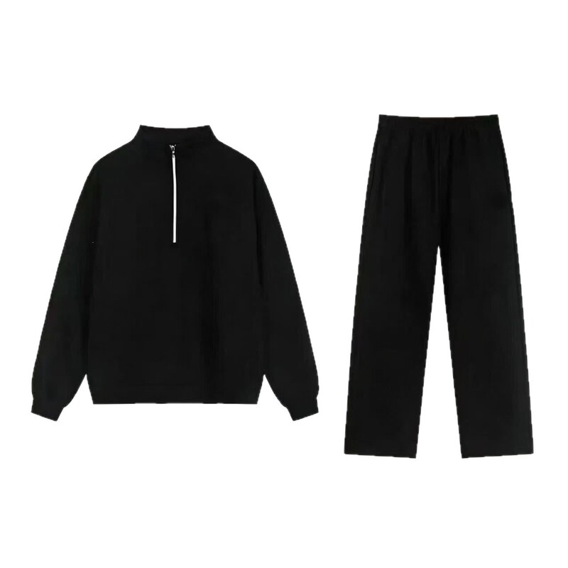 A brand's high-quality, reflective, solid-color, quarter-length, autumn/winter, stand-up collar, zip-up, loose-fitting men's sweatshirt set