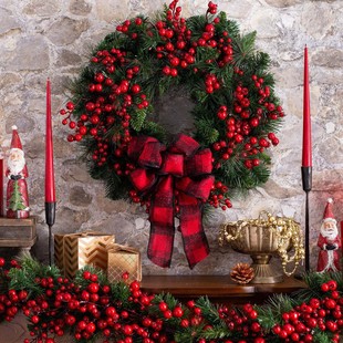 Cross-Border Christmas Red and Black Plaid Bow Garland Christmas Country Red Simulated Berry Vine Circle Door Hanging Decoration