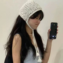 韩系ins手工编织镂空头巾帽夏网格透气少女包头帽针织系带三角巾