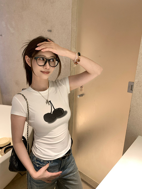 EKOOL衣库凉感冰肤科技棉·樱桃印花短袖T恤女夏修身显瘦圆领上衣|undefined