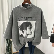 欧洲站加厚短袖t恤女中长款棉磨毛大码宽松高领打底衫女秋冬季