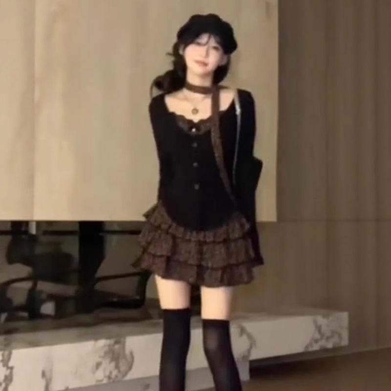 改良款，下单前请看实物欲甜辣妹套装裙女早秋季假两件蕾丝豹纹上|undefined