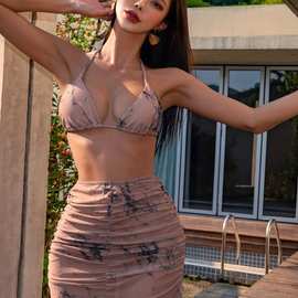 2024欧美新款大理石印花网纱三件套短裙款泳装比基尼bikini 跨境