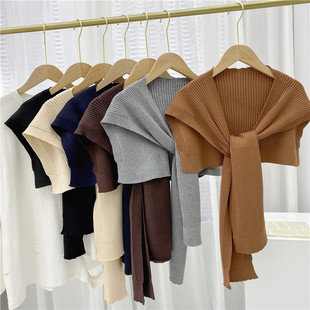 Solid color knitted outer shawl women's spring and autumn fake collar scarf dual-use fashion new wool shoulder-matching small waistcoat