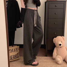 2025新款加绒加厚时尚复古格纹阔腿裤女松紧腰抽绳高腰显瘦直筒裤