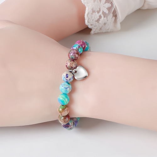 Purple Emperor Stone Bracelet Elastic Cord Bead Heart Pendant 8mm White Pine Emperor Stone Women with Card Amethyst