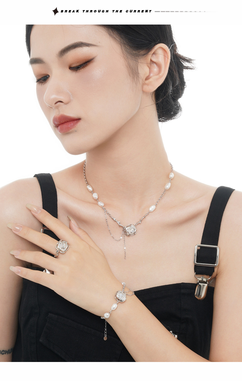 Retro Geometric Sterling Silver Inlay Baroque pearl Rings 1 Piece