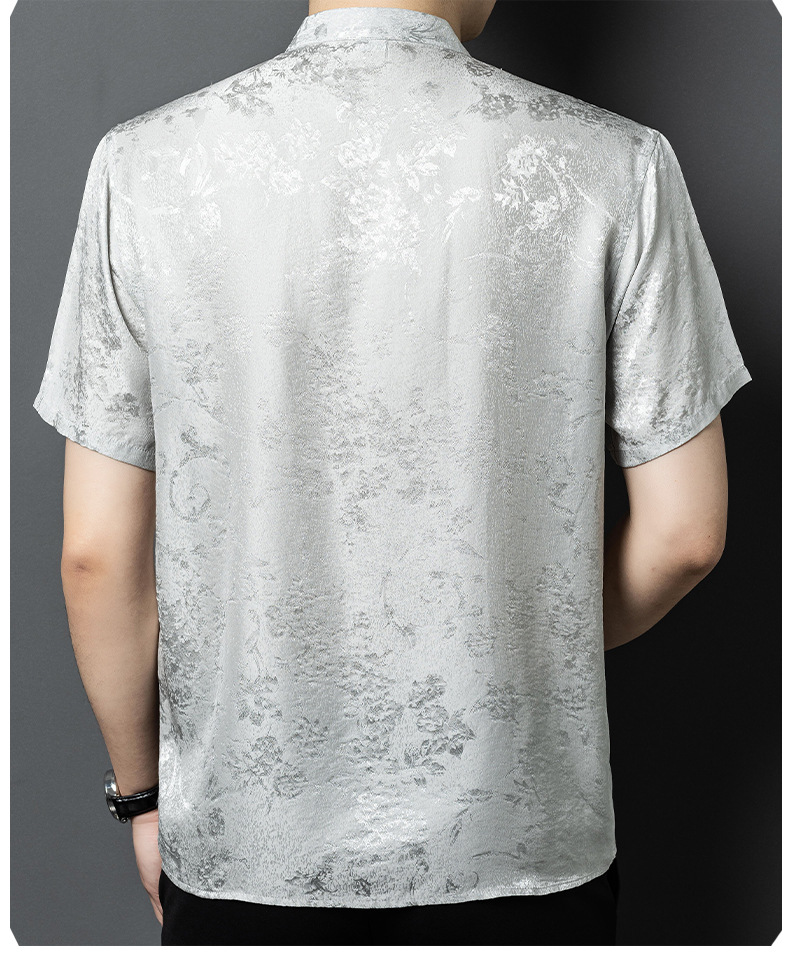 Áo sơ mi nam cổ đứng tay ngắn chất lụa tơ tằm jacquard phong cách Trung Hoa — Màu xám 25169 chi tiết 17