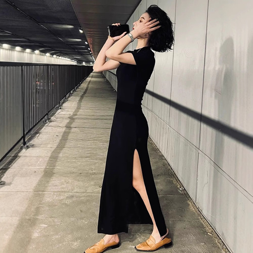 Pure Desire Sexy Slit Little Black Dress Long Dress Summer New Arrival Slimming High-Waisted Slit Reveal Leg Women's Trendy Wholesale