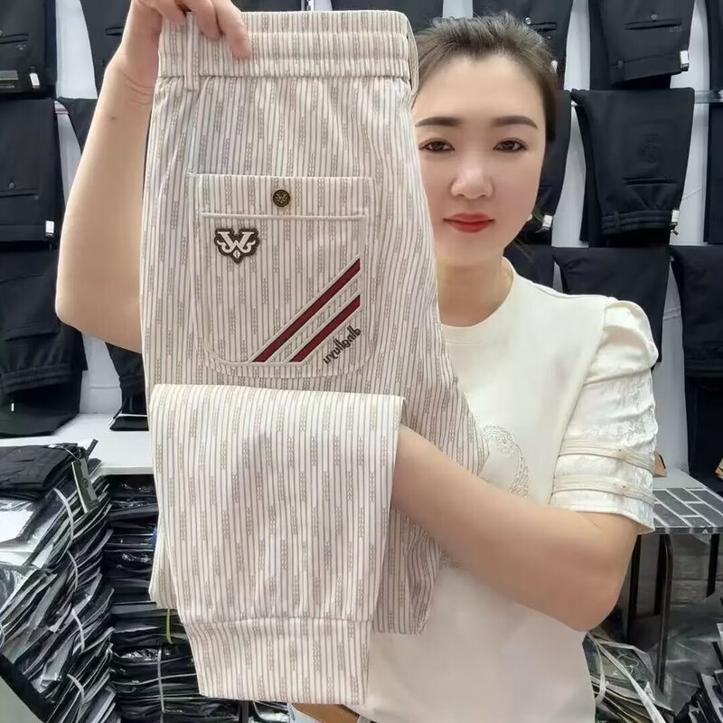 Wear-Resistant Loose-Fitting Elastic Casual Pants for Work, Spring and Summer Trousers, Slim-Fitting Stripesd Trousers for Small Feet