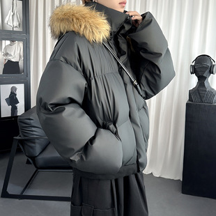 Winter Hot Item 2025 New Detachable Hooded Fur Collar Cotton-Padded Jacket for Men and Women, Couple Style Pu Leather Short Cotton-Padded Jacket