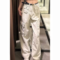 沙白色多口袋工装牛仔裤女秋季新款美式高街显瘦百搭直筒休闲裤子