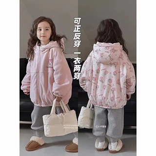 女童外套加绒秋装新款两面穿棉服2024新款秋冬装加厚连帽风衣外穿
