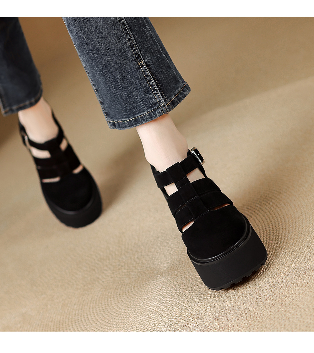 Sandal cao gót nữ mũi kín quai T đế xuồng phong cách La Mã — Da cừu lông đen, Da bò đen chi tiết 7