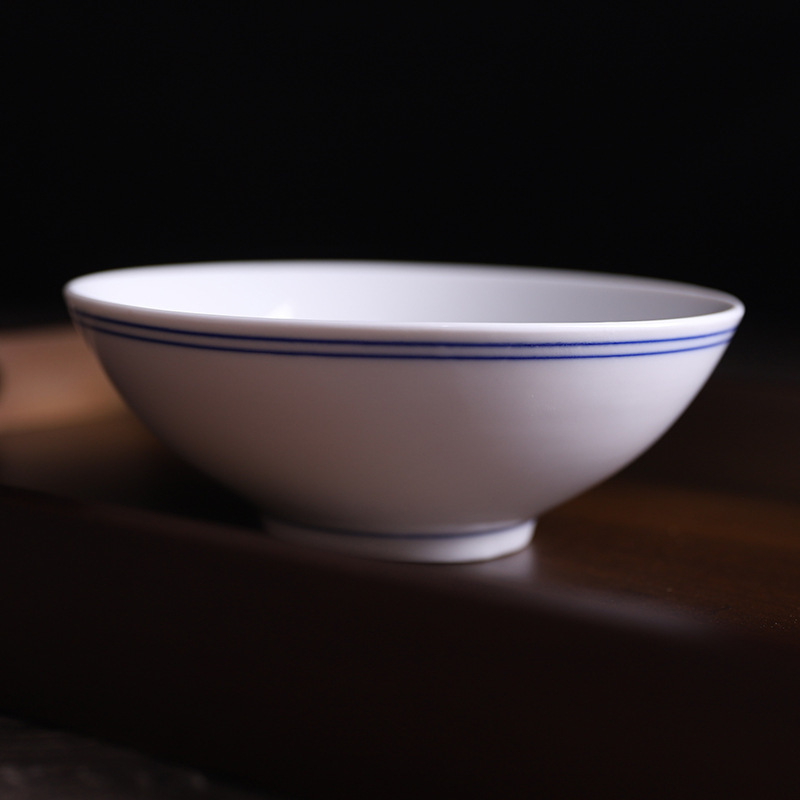 Jingdezhen High Temperature Porcelain Chinese Style Simple Traditional Blue Edge Bowl Household Underglaze Color Single Round Chinese Style Soup Noodle Bowl