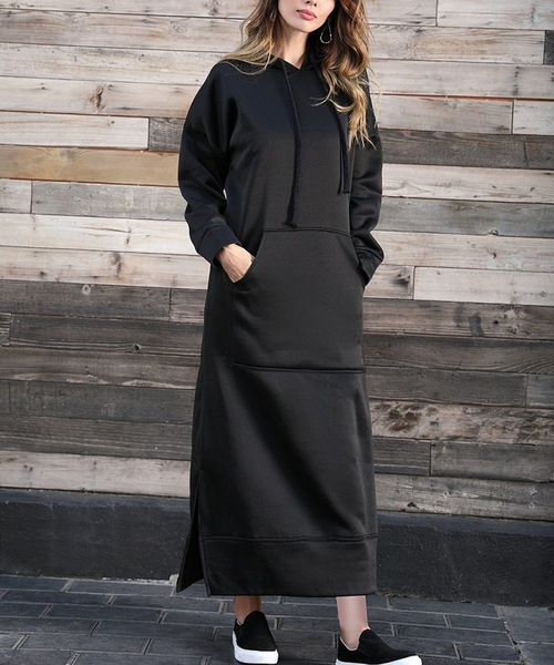 Autumn and Winter New Loose Plus-Size Knitted Hooded Long Dress with Fleece Sweatshirt Casual Fashion Dress with Large Pockets