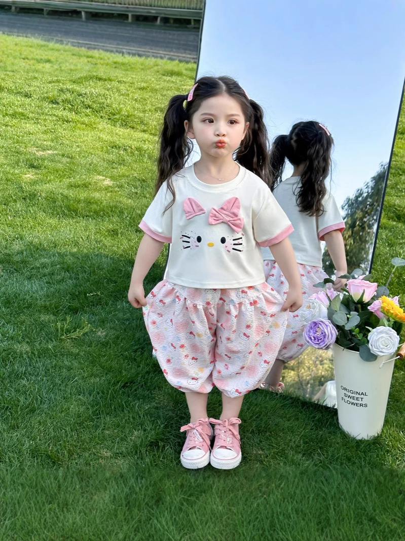 【48時間以内発送】新作おしゃれ女児用白半袖カジュアルツーピースセット 女の子用サマーセット