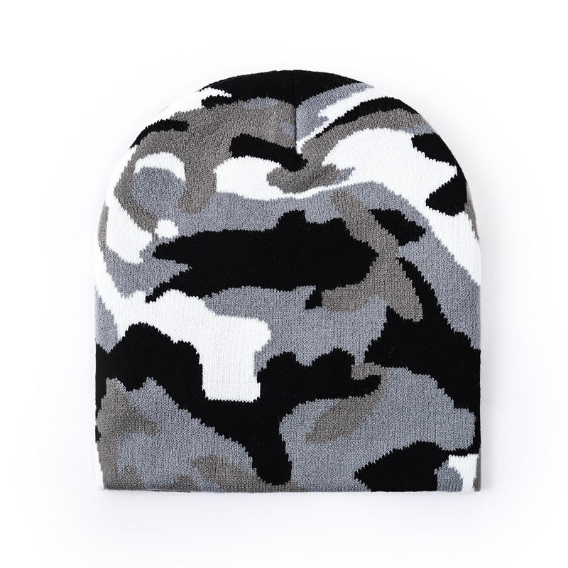Nuevo sombrero de gorro de guisantes de invierno transfronterizo, sombrero de punto de lana corta con patrón de leche, jacquard, camuflaje cálido