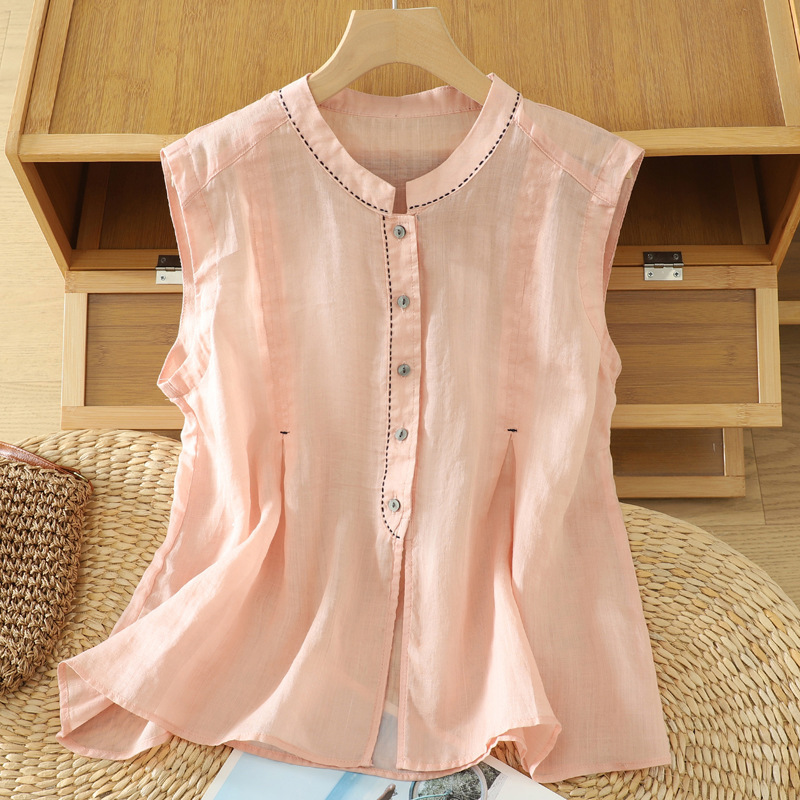 Women's Linen Sleeveless Top 2025 New Summer Breathable Vest Stand-Up Collar Ramie Blouse Cotton-Linen Thin Shirt Women's Linen Sleeveless Top 2025 New Summer Breathable Vest Stand-Up Collar Ramie Blouse Cotton-Linen Thin Shirt