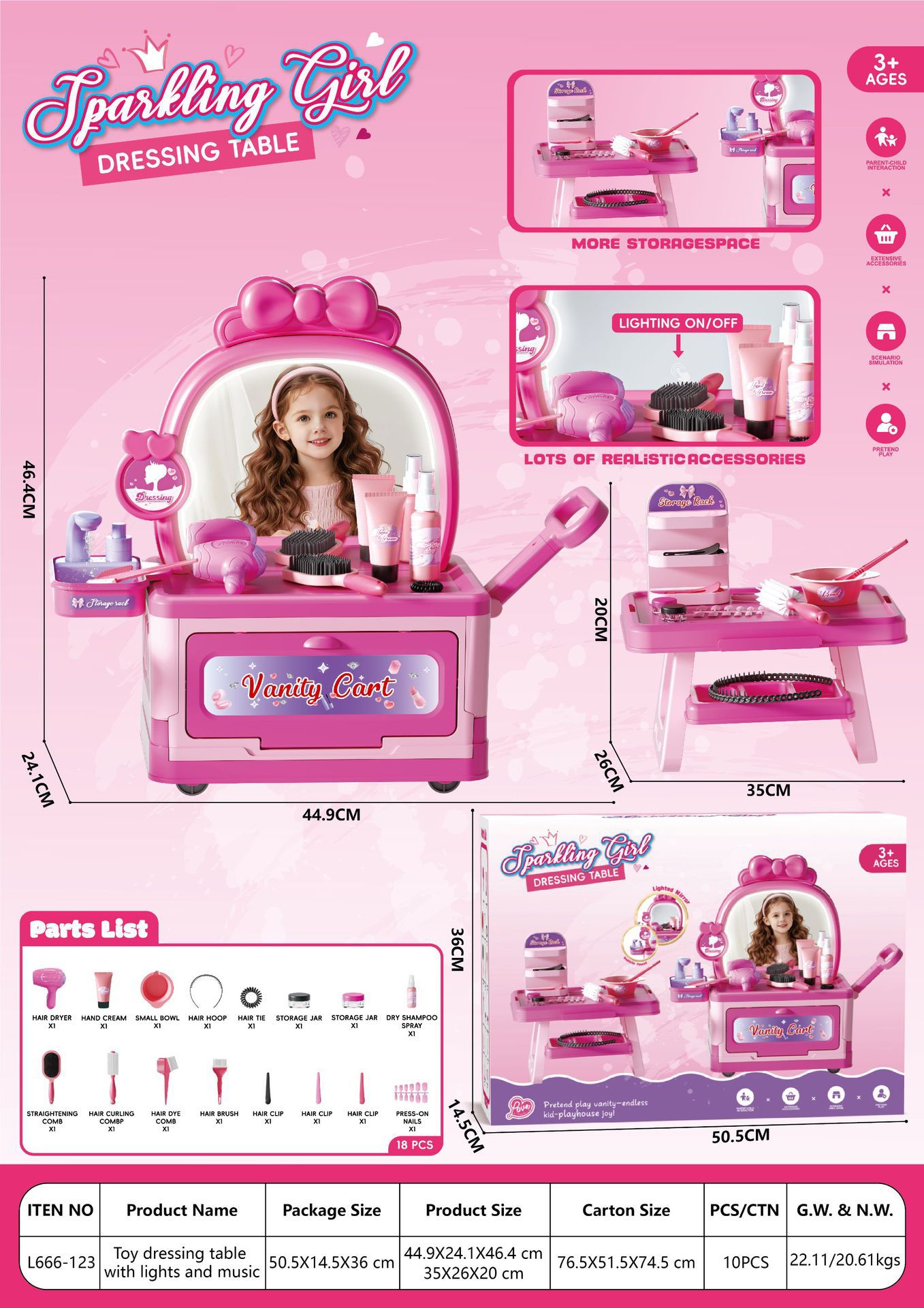 Comercio exterior infantil simulación de luces, música, princesa, joyas de maquillaje, tocador, secador de pelo, juguetes de mesa de maquillaje