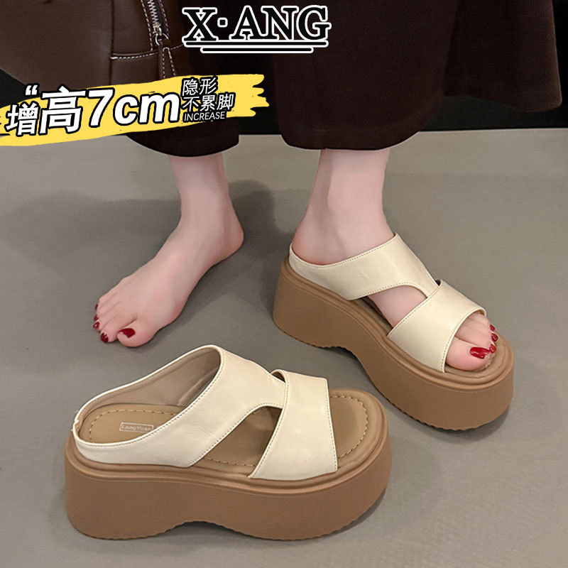 Soft Cowhide Women's Sandals That Can Be Worn Outside in Summer, Thick-Soled and Height-Increasing, Suitable for Petite Individuals, Comfortable for the Feet, Beach Sandals