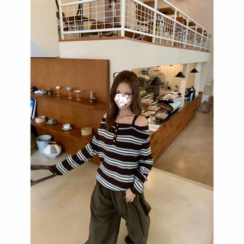 慵懒休闲风秋季新款蓝白咖条纹一字肩细带宽松版针织衫女645其他|undefined