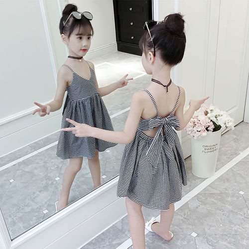 Women's Summer Tank Top Dress  New Han Style Checkered Trendy Medium Child Celebrity Thin Princess Dress