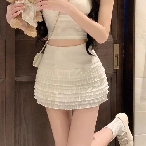 Temperament sweet hot girl lace pleated short skirt, women's summer design, slim belt safety pants, all-match cake A-line skirt