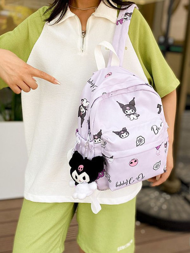 Early Autumn New Sanrio Nylon Small Backpack Cute Cartoon Kuromi Dual Shoulder Bag Sweet Plush Charms Backpack