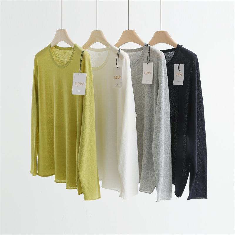 Breathable Upw Linen Cotton Spring and Summer Round Neck Rolled Edge Loose Knit Long-Sleeve Sun Protection Shirt A96506