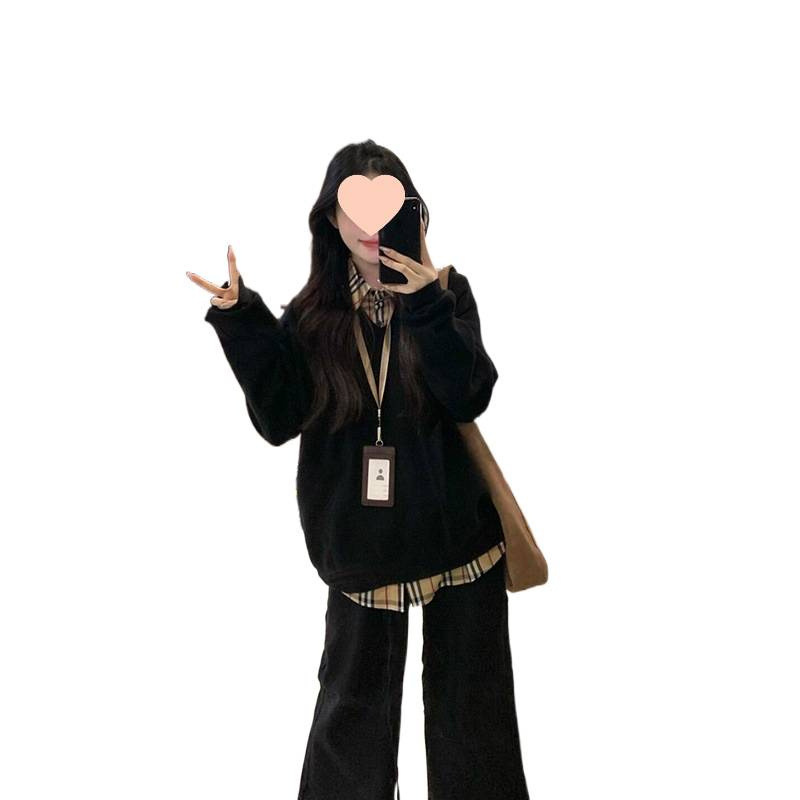 黑色格子拼接领卫衣女春秋冬2025新款假两件设计感小众上衣|undefined