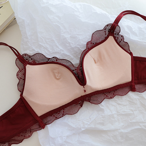 High-end silk satin women's soft latex cotton wireless underwire small bust shaping push-up lace bra set