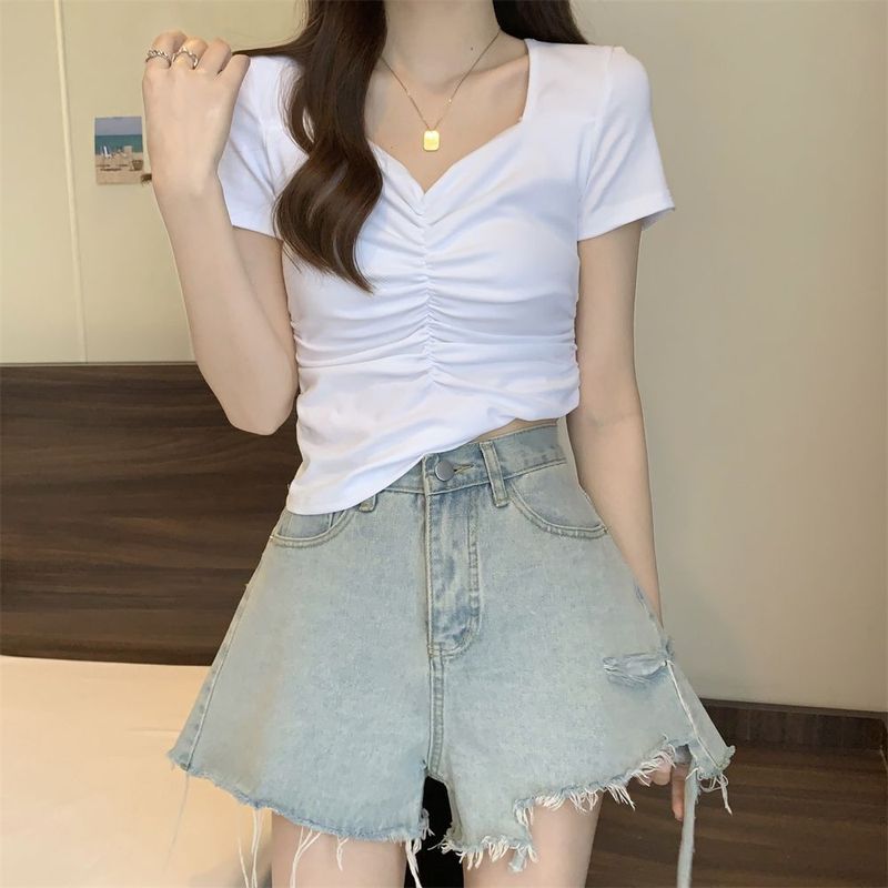 辣妹正肩短袖t恤夏季紧身方领短款修身女高腰露脐褶皱大领口上衣t|undefined
