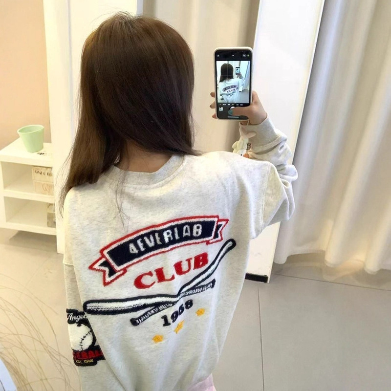 2025 New Autumn and Winter Casual and Versatile American Retro Towel Embroidered Letter Round Neck Sweatshirt Jacket