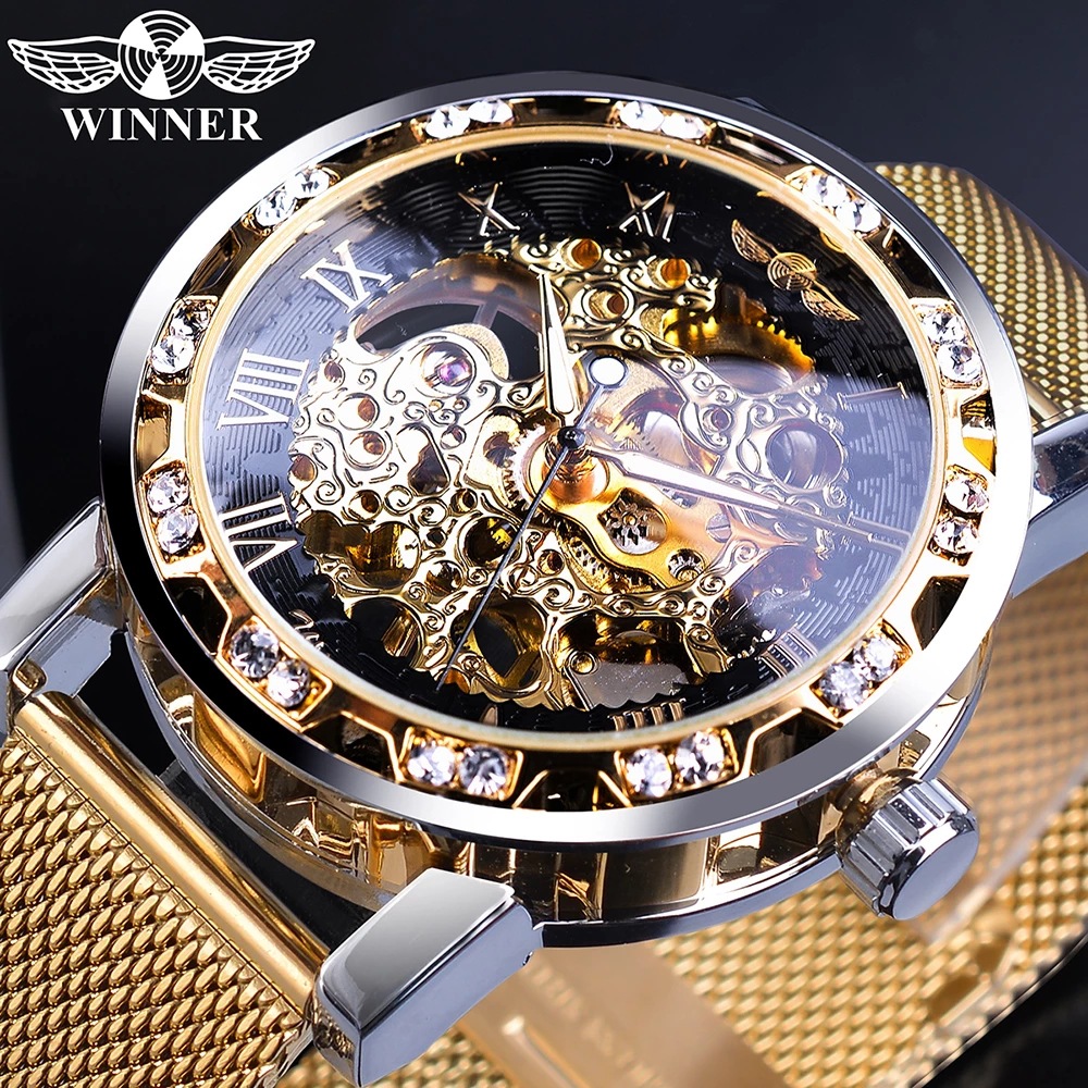 Vinnare Manual Mechanical Watch Herrs populära Rhinestone Hollow Mesh Band Watch Mode och fritid_voghion.com